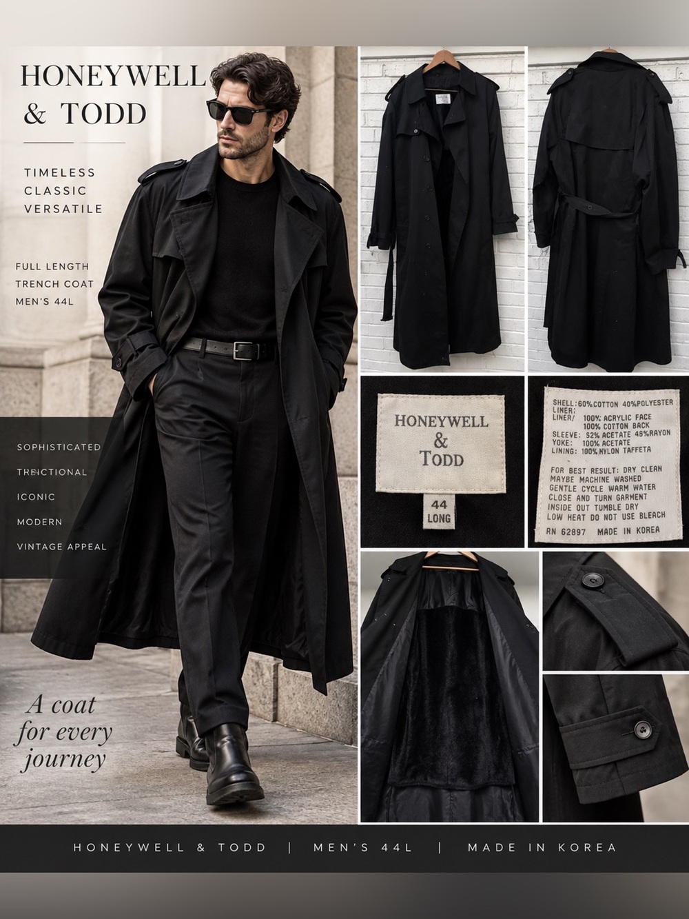 Honeywell & Todd Men’s 44L Black Full Length Trench Coat Belted Vintage